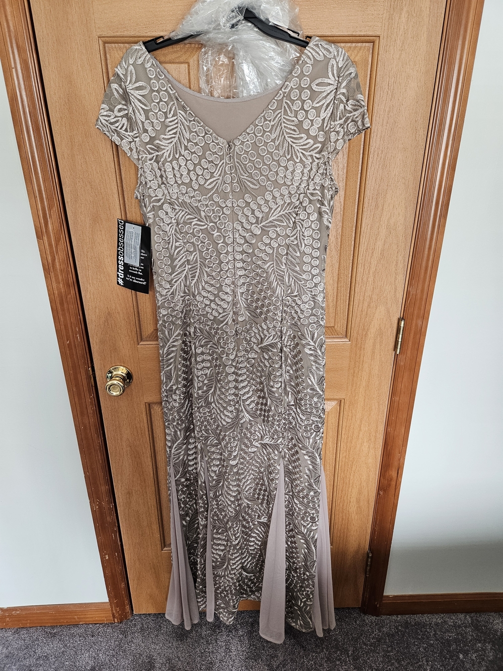 Alex Evenings Taupe Embroidered Gown with Draped Cowl - Picture 2 of 4